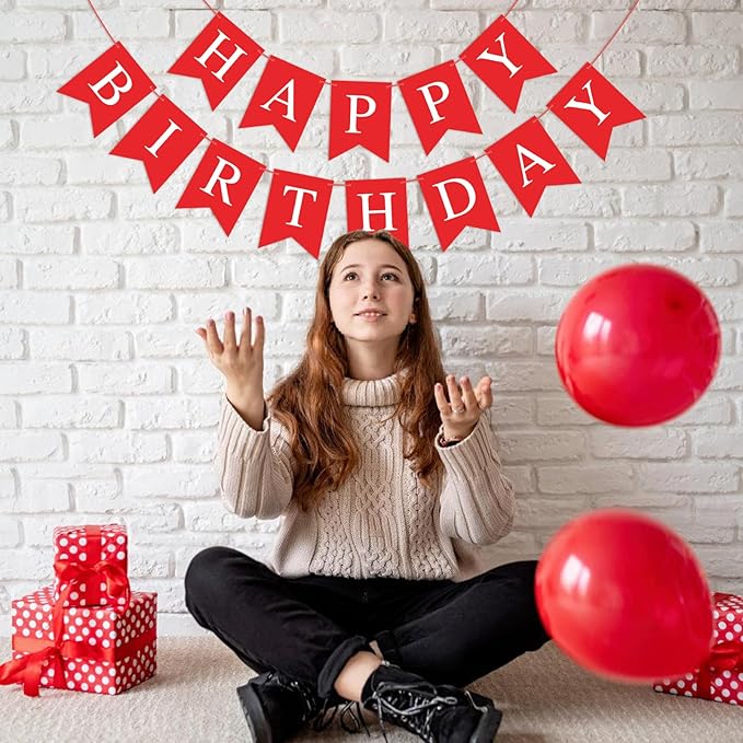 Red Happy Birthday Banner Sign Happy Birthday Bunting Banner Garland for Kids Girl Woman Birthday Tea Party Decorations Bunting Flag Birthday Party Supplies