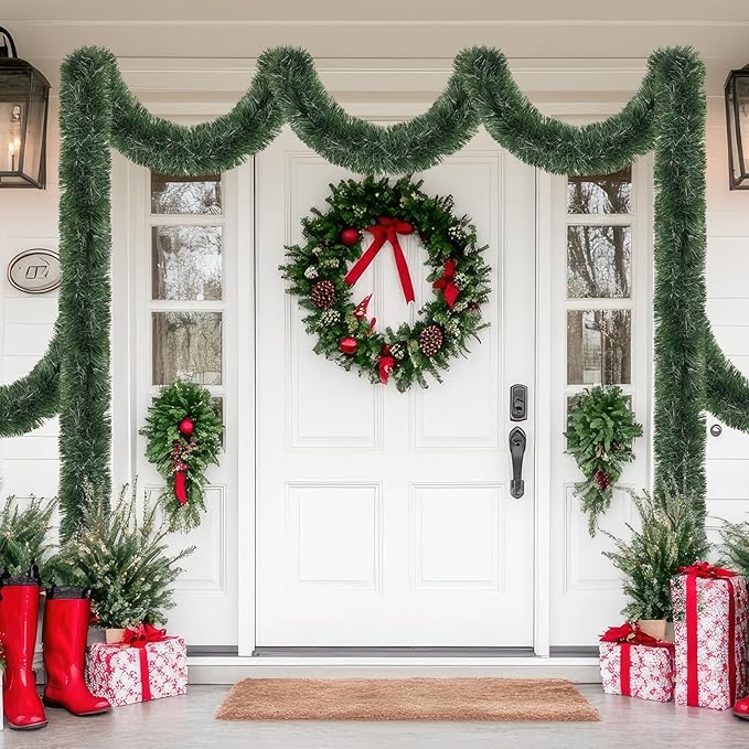50FT Green Christmas Tinsel Garland, Artificial Greenery Garland for Tree Decorations, Faux PVC Soft Metallic Tinsel Twist Garlands for Xmas Home Indoor Decor