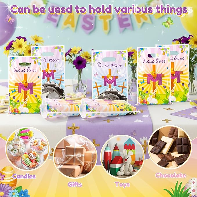50Pcs Easter He is Risen Party Favor Bags Jesus Lives Religious Goodie Candy Treat Gift Bag Bunny Egg Christian Cross Party Decor for Sunday School VBS Church Spring Easter Jesus Birthday Supplies