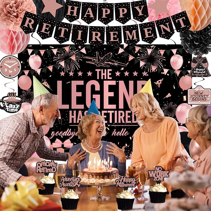 Retirement Party Decorations Women, Rose Gold Black Happy Retirement Decorations Female, Happy RetIrement Banner, Retired Backdrop, Balloons, Pompom, Hanging Swirl, Retired Card, Cake Topper 54pcs