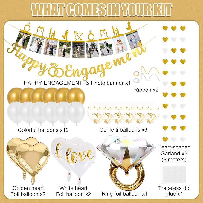 Engagement Party Decorations - Gold Engagement Congratulations Decor, HAPPY ENGAGEMENT Banner, Thickened ECO Ring Balloon Kit with Photo Timeline Banner, Heart Streamers Garlands