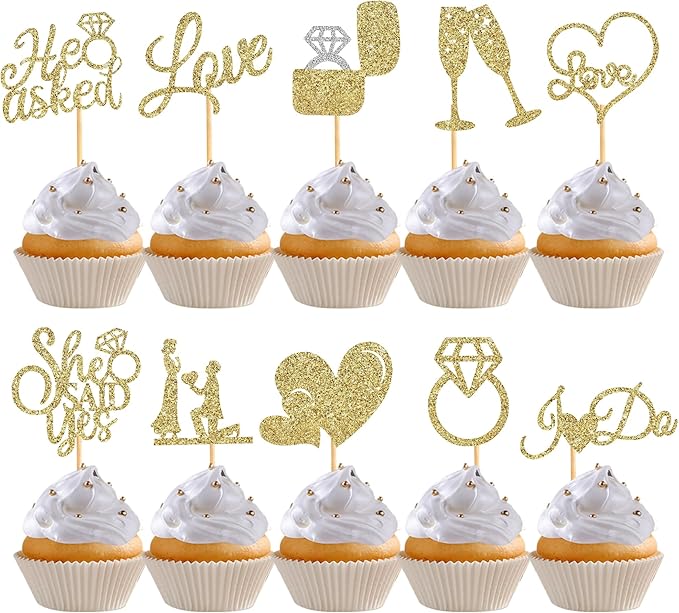 60 Pcs He Asked She Said Yes Cupcake Toppers,Engagement Cupcake Toppers Glitter Diamond Ring Heart Love I Do Cupcake Picks for Engagement Wedding Party Cake Decorations,Gold