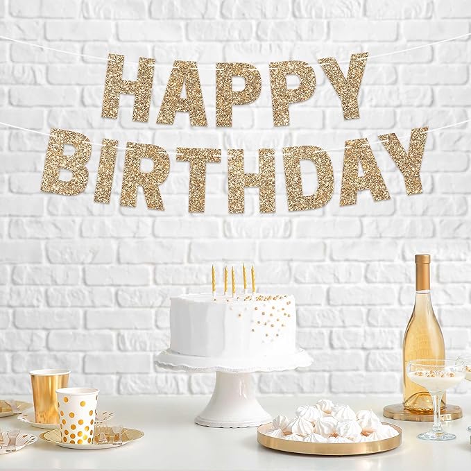 Pre-strung Happy Birthday Banner - No DIY - Gold Glitter Birthday Party Banner for Men & Women - Pre-strung Garland on 8 ft Strands - Gold Bday Party Decorations & Decor. Did We Mention No DIY