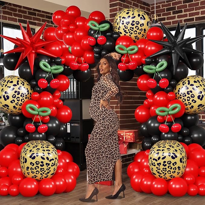Red Black Balloons Garland Arch Kit, 133pcs Green Cherry Black Red Explosion Star Foil Balloons, 4D Cheetah Print Mylar Balloons for Berry Themed Birthday Baby Shower Bachelorette Party Decorations