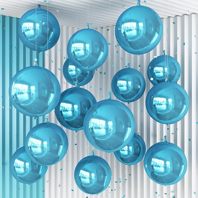 14 Pcs Blue Round Foil Balloons 22/15/10 4D Ball Balloons Light Baby Blue Metallic Balloon Ornament Mylar Balloon Chrome for Birthday Graduation Wedding Anniversary Ocean Disco Party Decor