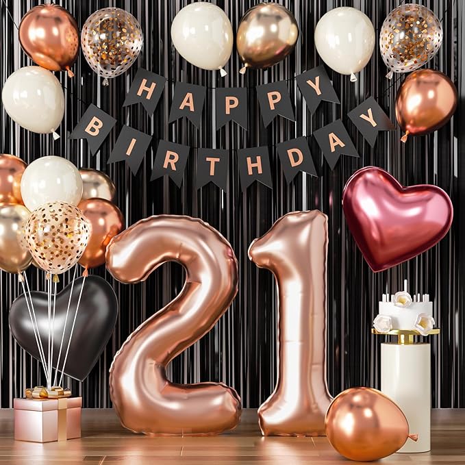 21st Birthday Decorations for Women - Rose Gold, Black and Hot Pink Party Supplies Set with Happy 21st Banner, Number 21 Balloons and Foil Fringe Curtains - 21 Year Old Celebration Kit