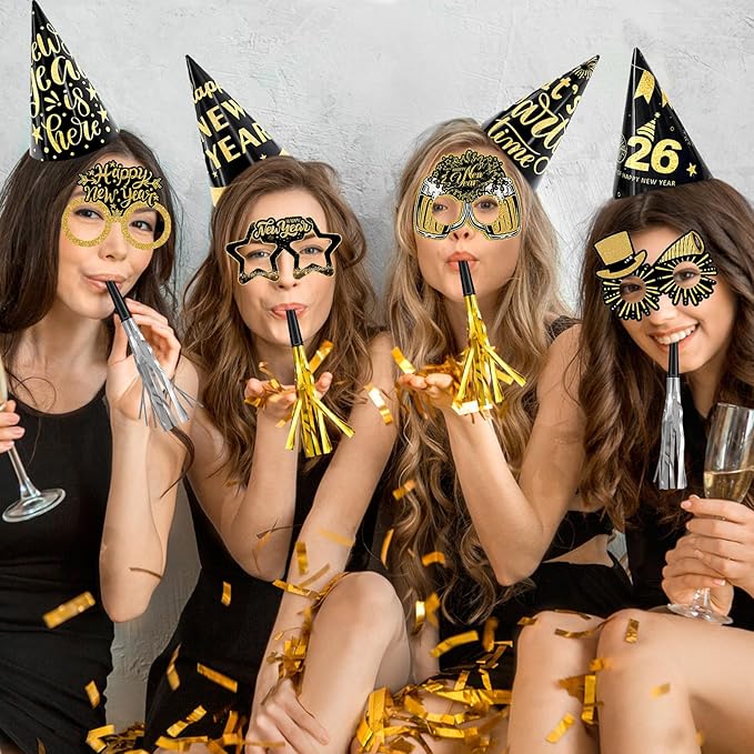 Openfly 24Pcs New Years Eve Party Supplies 2026 Happy New Years Party Headband Hats New Year Glasses New Year Noise Makers