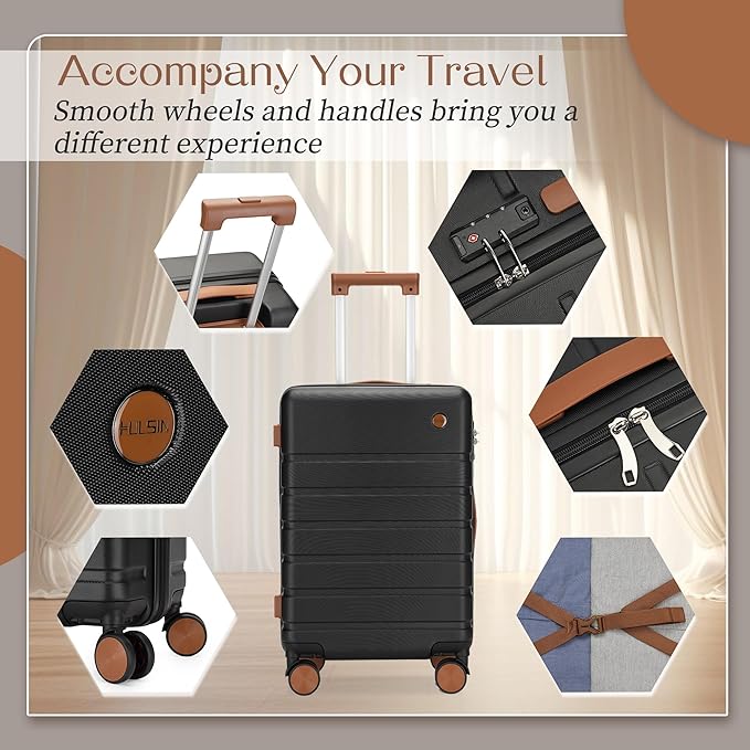 Hulsin Luggage Sets Clearance 3 Piece Hardside Suitcase with Wheels, 20/24/28 inch Rolling Luggage Set for Women, Hard Shell Travel Suitcases with TSA Lock (Black, 3PCS Set)