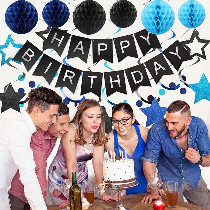 meowtastic Birthday Decorations, Happy Birthday Banner with Honeycomb Balls, Stars Hanging Swirl Streamers, Circle Dots Garland, Happy Birthday Party Decorations for Women Men Boys Girls (Black&Blue)