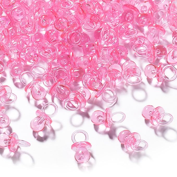 XINHUIDALSQ 150 Mini Acrylic Pacifiers for Baby Shower Game, 0.86 Inch Bulk Chupones para Gender Reveal Party Favors Table Decoration (Pink)