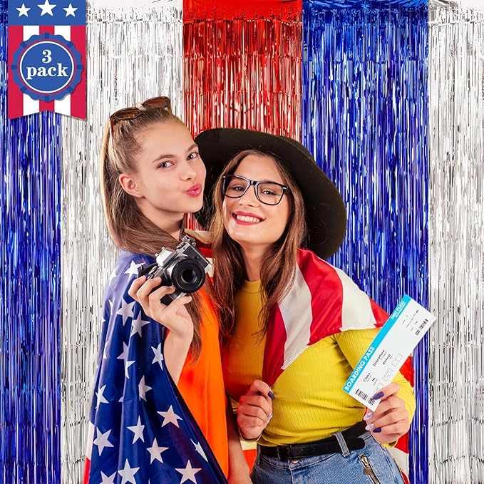 LOLStar 4th of July Decorations, 3Pack Red White and Blue Decorations Streamers Patriotic Foil Fringe Curtains Photobooth Props Party Backdrop for USA Themed Olympics Election Veterans Day Decor