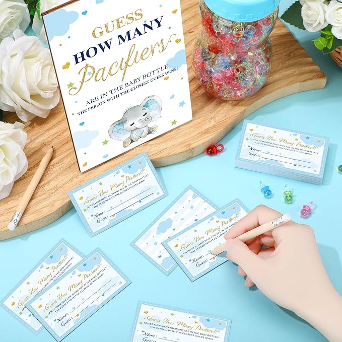 Syhood Blue Color Elephant Theme Baby Shower Games Guess How Many Pacifiers Game Sign 50 Small Guessing Games 20 HB Pencils 750 ml Milk Bottle 400 Pacifiers Decorations Guests Gender Reveal Party
