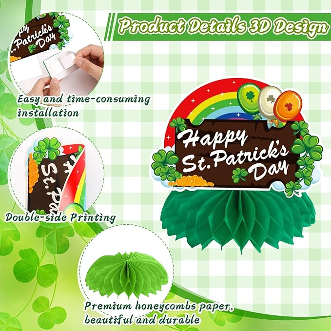 JULMELON St. Patrick's Day Table Decorations Honeycomb Centerpiece, 8pcs Shamrock Leprechaun Lucky Gold Coin Table Topper Irish Party Home Decor