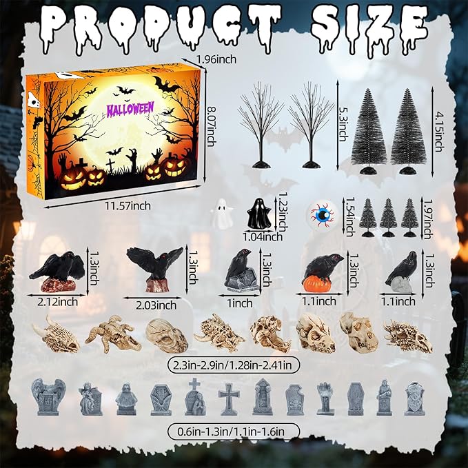 35 PCS Halloween Village Accessories Miniature Tombstone Crow Animal Skull Figurines Halloween Village Trees Spooky Town Set for Mini Graveyard Scene Decor