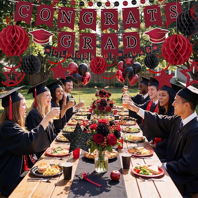 Congrats Grad Banner 2026 Graduation Decoration with Hanging Swirl Honeycomb Ball Circle Garland Grad Party Supplies for College Senior High School Classroom Decor(Burgundy and Black)