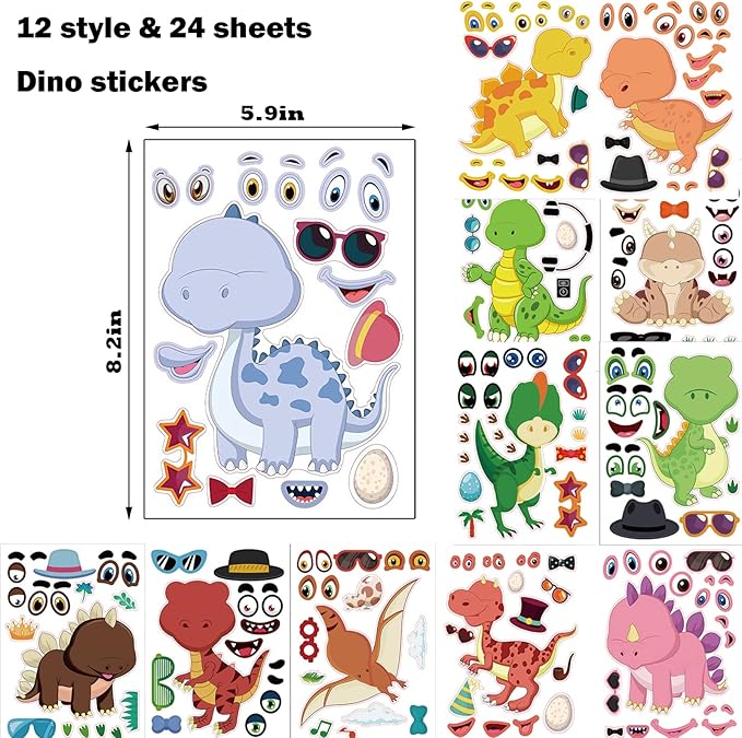 24 Sheets Make a Face Dinosaur Stickers for Kids Make Your Own Dinosaur Stickers Dino Birthday Goodie Bags Stuffer Children Party Favors Exchange Gifts