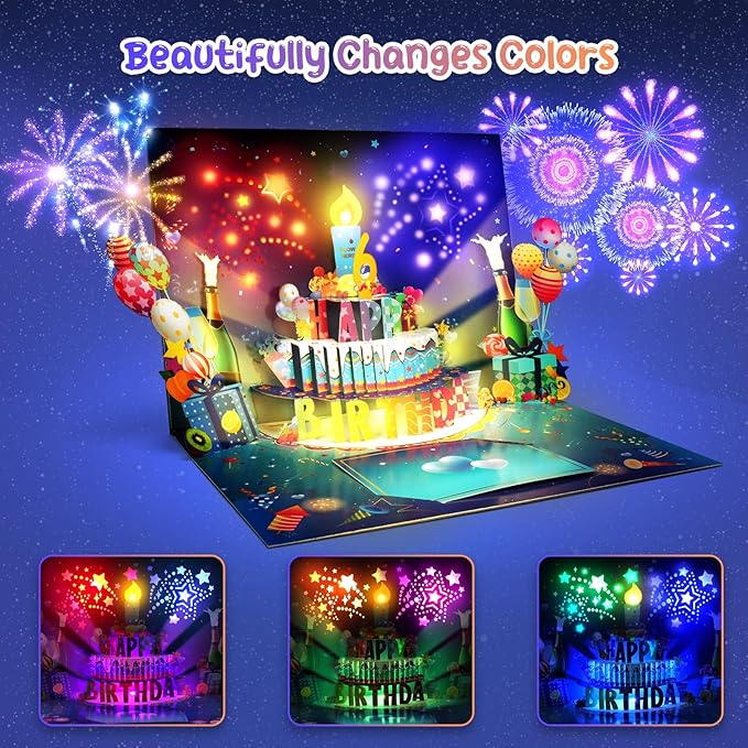 3D Musical Birthday Card with Blowable LED Light Candle, DIY 0-9 Numbers, Happy Birthday Pop Up Cards with Colorful Fireworks Lights, Happy Birthday Song & Exciting Cheering Sound, Impressive Musical