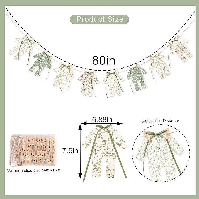 8pcs Neutral Baby Shower Bunting - Green Baby Pajamas with Ribbon Bows, Gender-Revealing Neutral Party Supplies, Clothesline Birthday Party Banner (Baby Shower Banner Green)