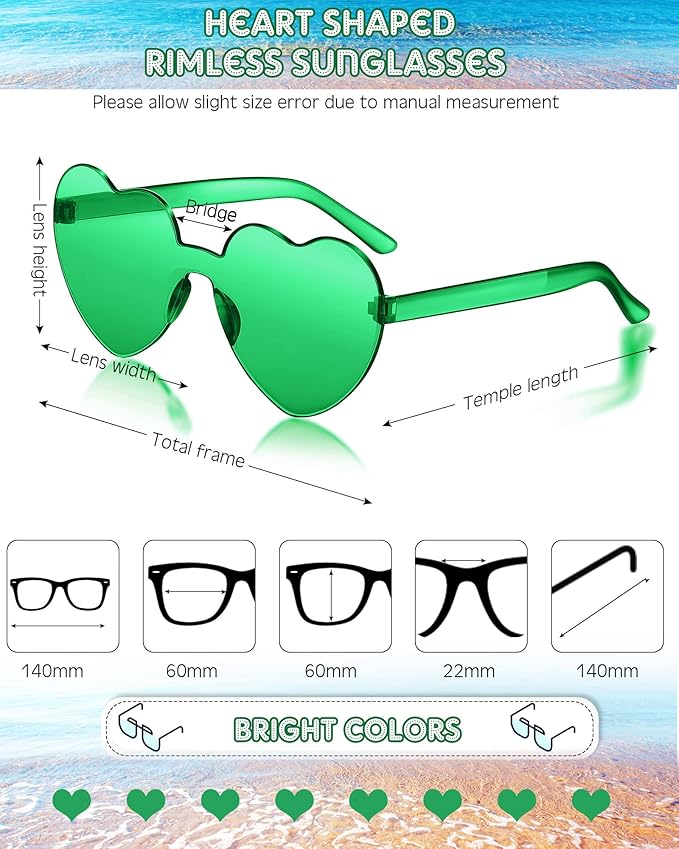 Frienda 8 Pairs Heart Shaped Sunglasses for Women Rimless Heart Glasses Candy Color Sunglasses for Party Favor