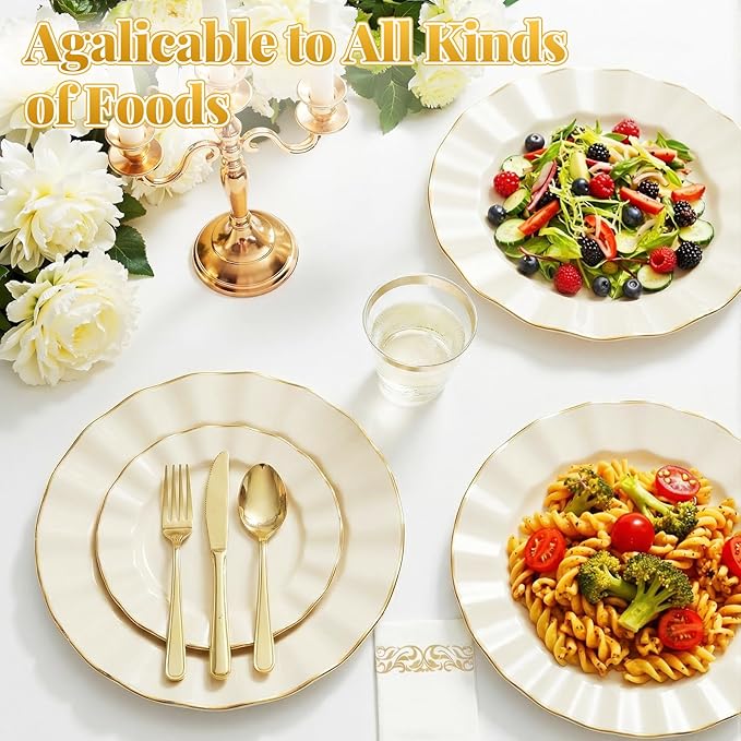 175 Piece Plastic Dinnerware Set Disposable Dinnerware Set for 25 Guests Include 50 Plastic Plates 25 Silverware Set 25 Cups and 25 Napkins for Easter Party Wedding Birthday（White and Gold）