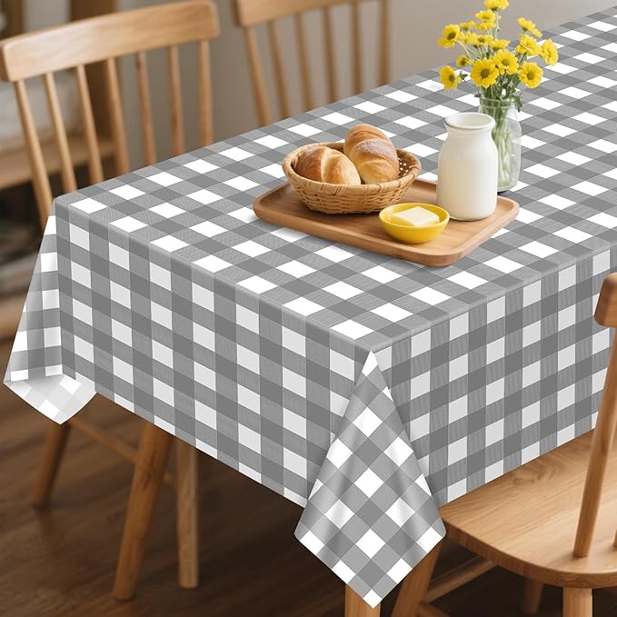 4 Pack Grey Gingham Tablecloths, Grey and White Checkered Tablecloths 86 x 51 Inches Gingham Tablecovers Rectangular Waterproof Picnic Table Covers for Birthday Party Supplies