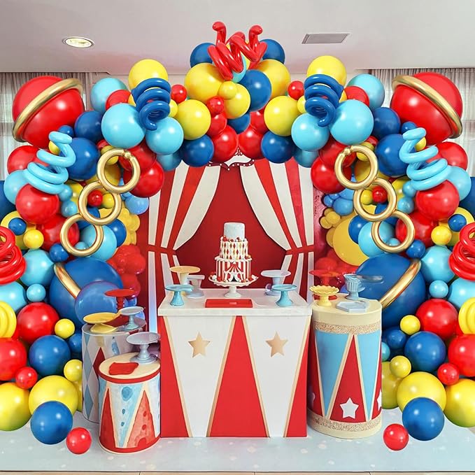 127 PCS Red Blue Yellow Balloon Garland Arch Kit Cartoon Primary Color Balloons with Gold Circle for Cartoon Theme Carnival Circus Baby Shower Birthday Party Decorations