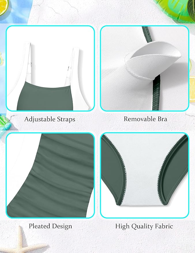 Girl Swimsuit One Piece Bathing Suit for Girls Solid Color Ruched Adjustable Straps Padded Swimwear 9-16y