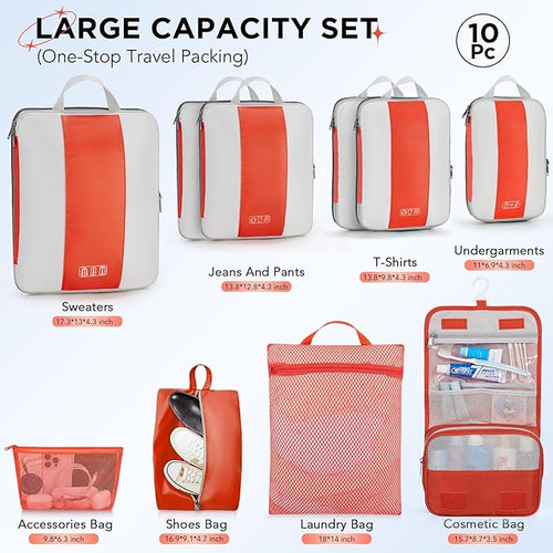 10 Set Compression Packing Cubes for Travel Essentials,Compressible Expandable Packing Cubes for Suitcase,OlarHike Luggage Organizer Bags for Travel,Handy Helper for Organizing Clothes(Orange)
