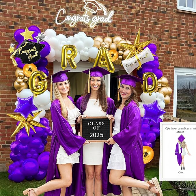 Purple Graduation Balloon Garland Arch Kit 115PCS with Graduation Star print Certificate Letter Mylar Foil Balloons for Graduate Class of 2026 Grad Prom party Decorations Supplies (Purple Gold White)
