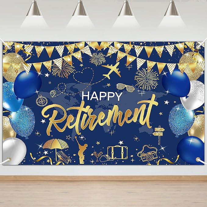 Mocsicka Retirement Party Decorations Blue and Gold Happy Retirement Backdrop Banner Retired Party Decorations Photo Booth Props (Blue Gold, 180x110cm)