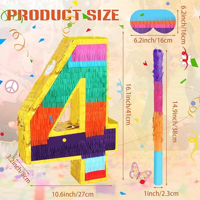 Rainbow Number 4 Pinata for Kids 4th Birthday Party Supplies, Fiesta, Centerpieces, Anniversary Celebrations (16.1 x 10.6 x 3.2 Inches)