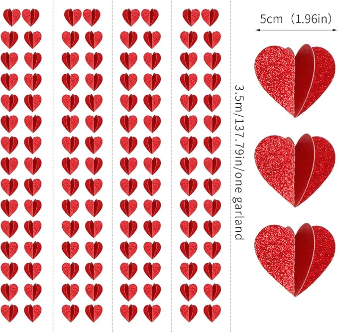 Valentines Day Party-Decorations Red Heart Garland - 39Ft 3D Special Night Galentines Hanging Paper Streamers Banner,Baby Girl Birthday Bachelorette Engagement Mohters Brunch Decor Ouruola