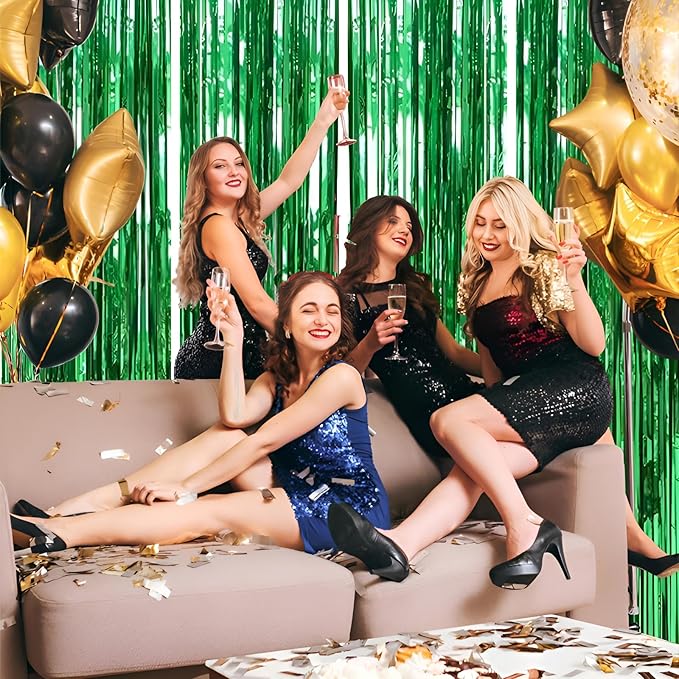 Valentines Day 4 Pack 3.3 * 8.3 ft Foil Curtain Metallic Tinsel Fringe Curtains Photo Booth Props Backdrop for Birthday Wedding Engagement Baby Shower Christmas Holiday Celebration Partyl,Green