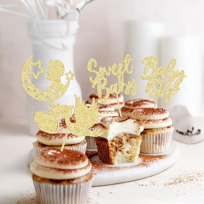 24Pcs Baby Boy Cupcake Toppers Gold Glitter Moon Star Sweet Baby Boy Cupcake Picks Decorations for Gender Reveal Baby Shower Kids Boys Birthday Party Supplies