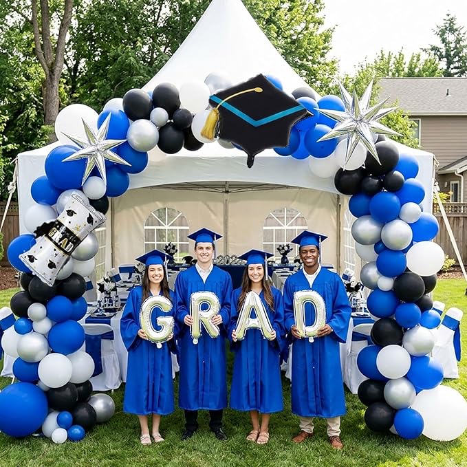 Royal blue and black white silver balloon kit 110PCS with graduation cap star letters Balloons for Congratulations Class of 2026 Graduation Party Decorations Grad Ceremony Prom Party Decorations
