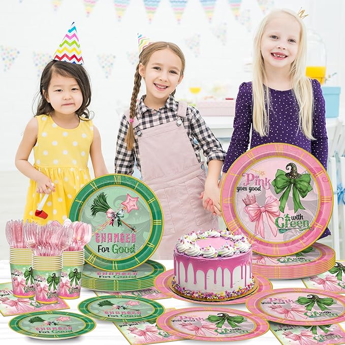168Pcs Witch Party Supplies Pink Green Paper Plates Napkins Disposable Tableware for Birthday Party Decorations Serve 24 Guests