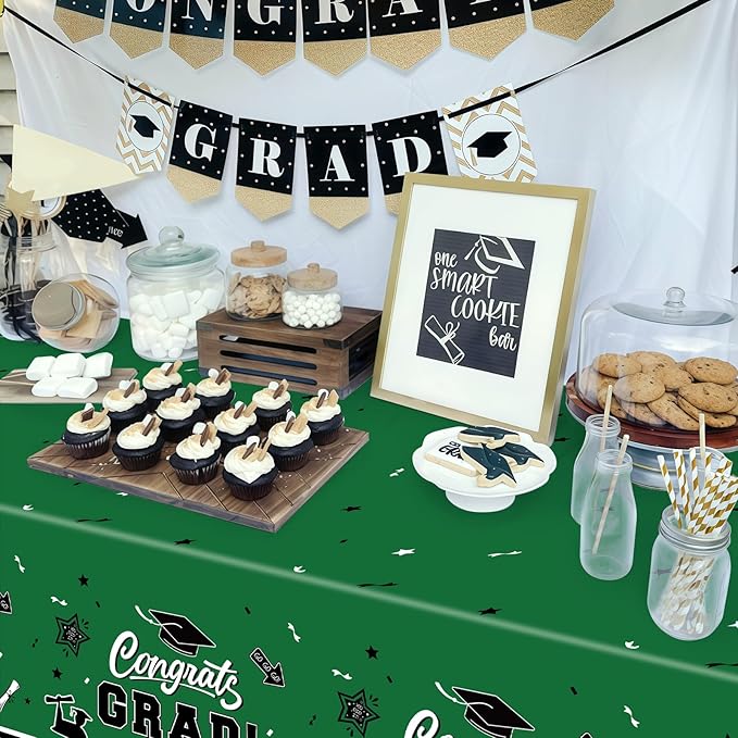 2-Piece 54 x 108 Inch Graduation Plastic Tablecloth – Graduation Disposable Rectangle Table Covers with “Congrats Grad” Design for Class of 2026 Party, School and Home Decorations