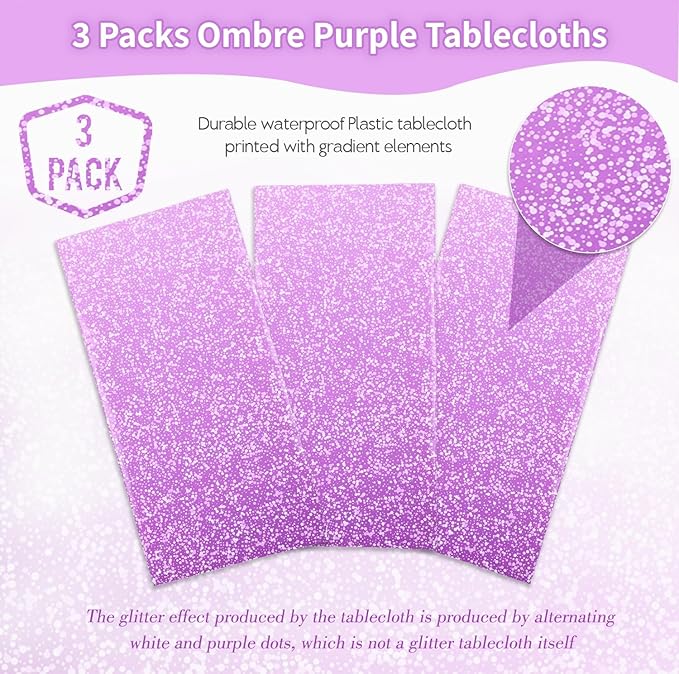Kesfey 3 Packs Ombre Purple Tablecloth 54 x 108 Inch Gradient Pastel Purple Lavender Table Cloths Disposable Waterproof Plastic Purple Sprinkle Table Covers for Wedding Birthday Party Decorations