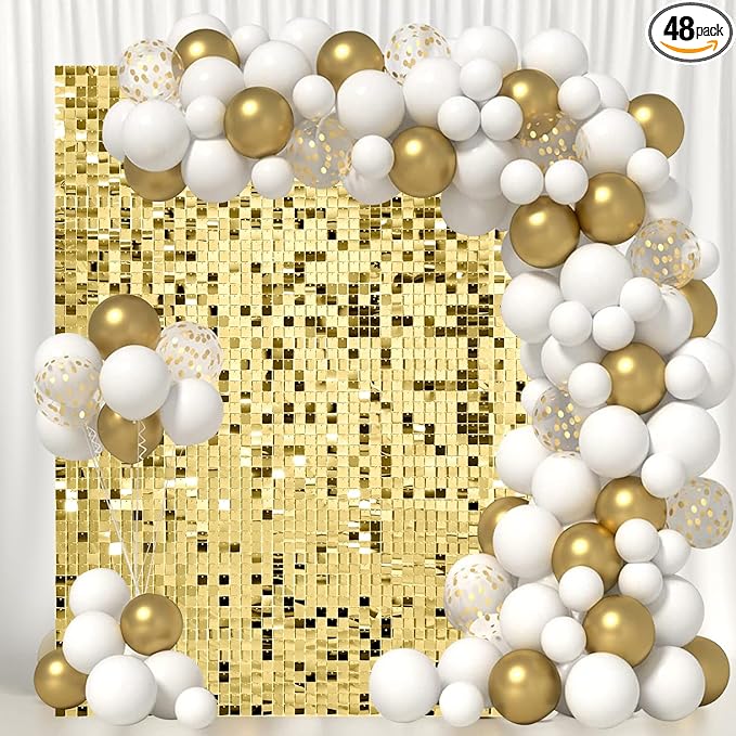 Light Gold Shimmer Wall Backdrop 48 Panels Cover 8 x 6 Ft, Photo Backdrops for Wedding,Anniversary,Birthday,Party Decoration