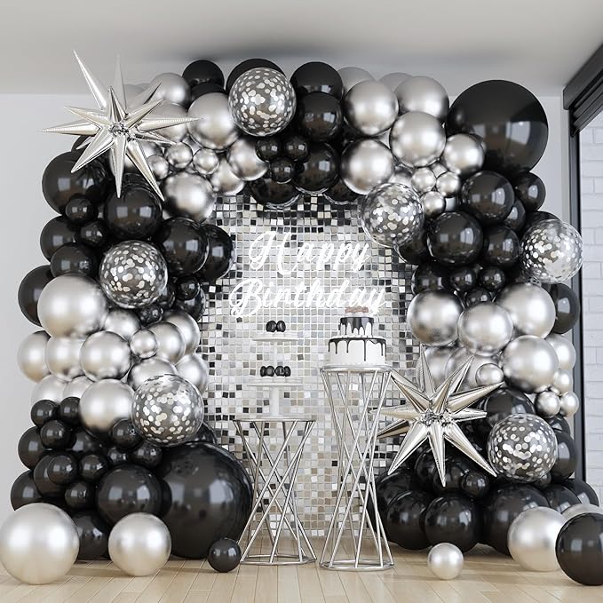 Black and Silver Balloon Garland Arch Kit with 3pcs Star Balloons, Silver and Black Balloon Confetti Latex Balloons for Birthday Wedding Graduation Baby Shower Disco Anniversary Party Decorations