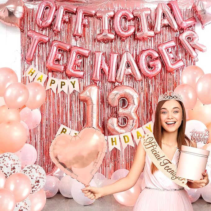 13th Birthday Decorations for Girls, Official Teenager Party Supplies Rose Gold Foil Balloons, Tiara Tassel Curtains Sash Balloons Numbers Banner Cake Topper for 13 Birthday Girl Decorations