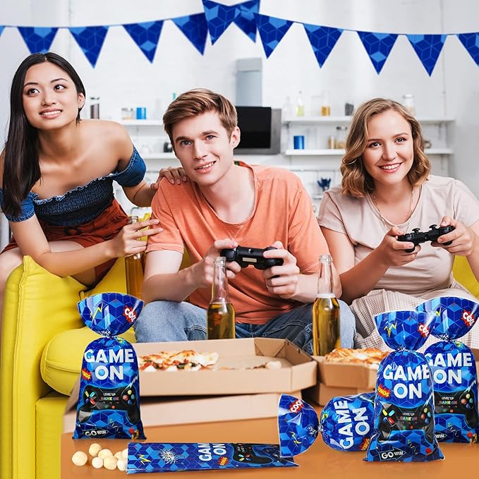 Pajean 100pcs Video Game Plastic Loot Bags Game on Favor Goody Candy Treat Bags for Themed Birthday Party(Blue)