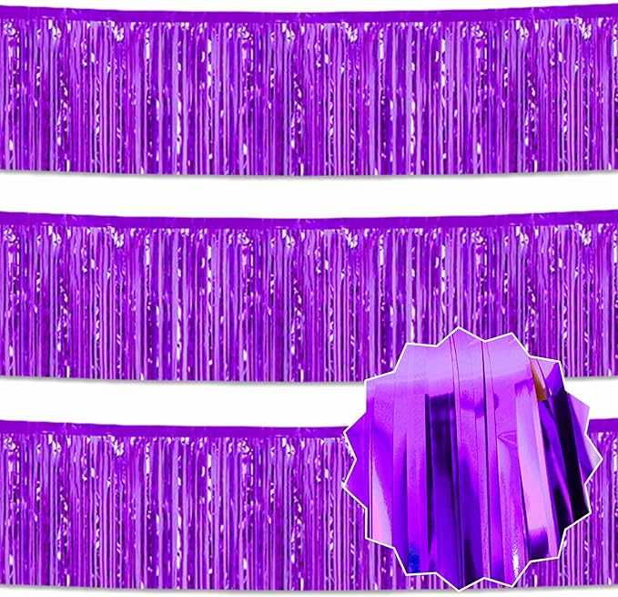 3 Pack 10 Ft Purple Foil Fringe Garland Metallic Streamers Tinsel Banner Wall Hanging Garland Backdrop for Parade Floats, Halloween, Christmas, Thanksgiving, New Year Party Decorations