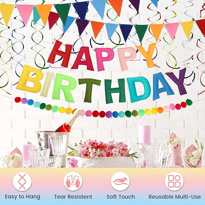 Pre Strung Happy Birthday Banner Set - Felt Ball Garland, Felt Birthday hat and Pennant Flags & Colorful Hanging Swirl, Reusable Rainbow Party Decorations for Kids & Adults