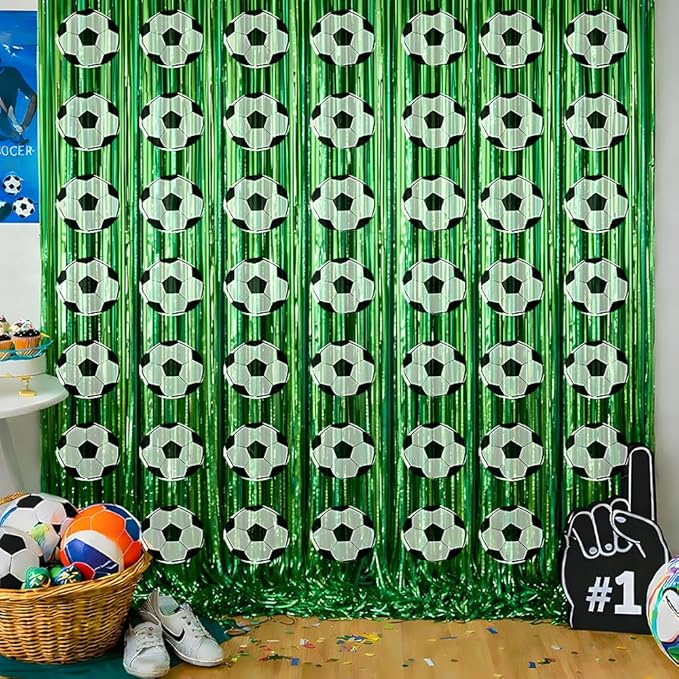 Soccer Birthday Party Decorations - Green White Tinsel Streamers Backdrop Banner | Soccer Theme Party Favors Supplies Indoor Outdoor - Wrold Game 2026 Birthday Accessories Decor for Wall Door