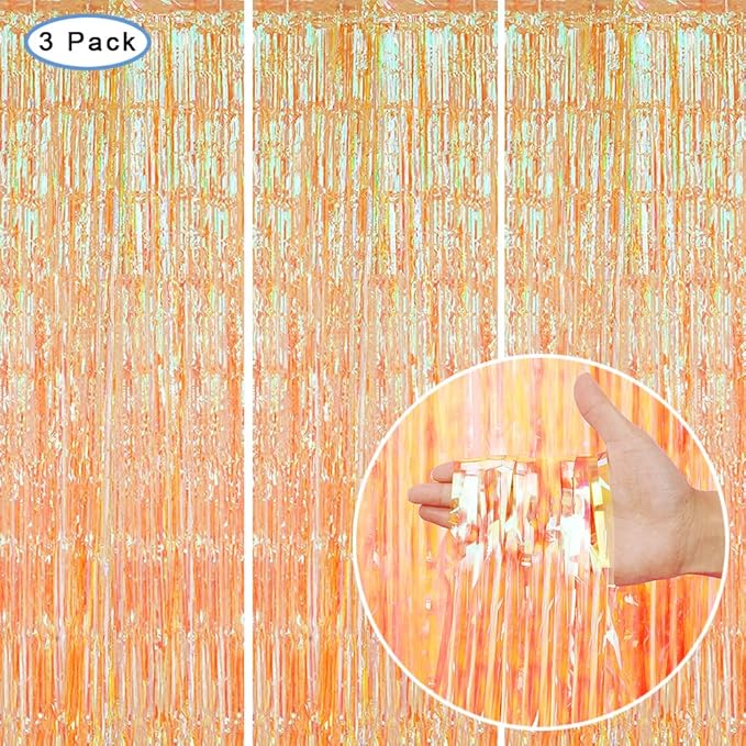 3 Pack Fringe Curtains Party Decorations,Tinsel Backdrop Curtains for Parties,Photo Booth Wedding Graduations Birthday Christmas Event Party Supplies (Transparent Orange)