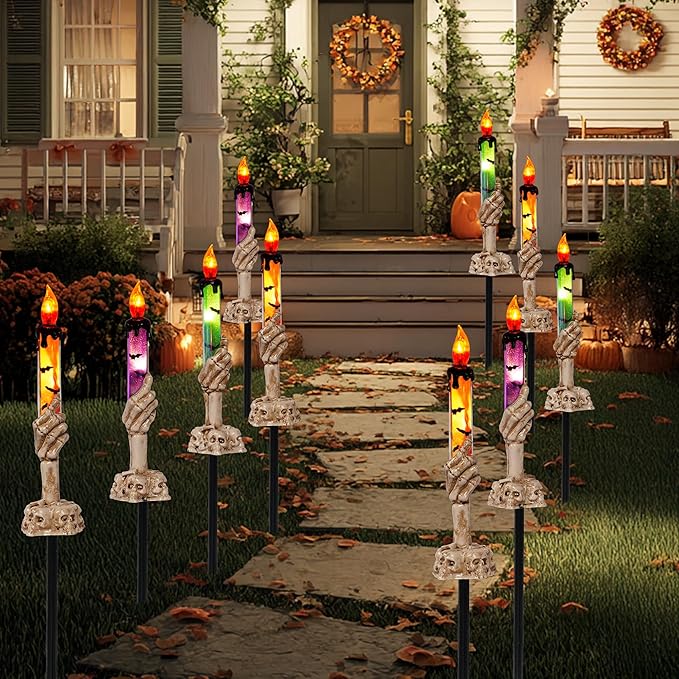Hourleey Halloween Decorations, 10 Pack Skull Candle Lights with Stakes, Battery Operated Waterproof Pathway Decor with Timer for Indoor Outdoor Front Pathway Lawn Yard Garden