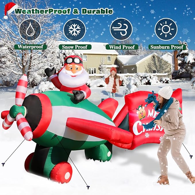 10.5 FT Animated Christmas Inflatables Santa Claus on Airplane, Santa Claus on Helicopter with Merry Christmas Banner, Xmas Blow Ups Outdoor Decorations for Yard Garden Lawn Holiday Home Party Decor