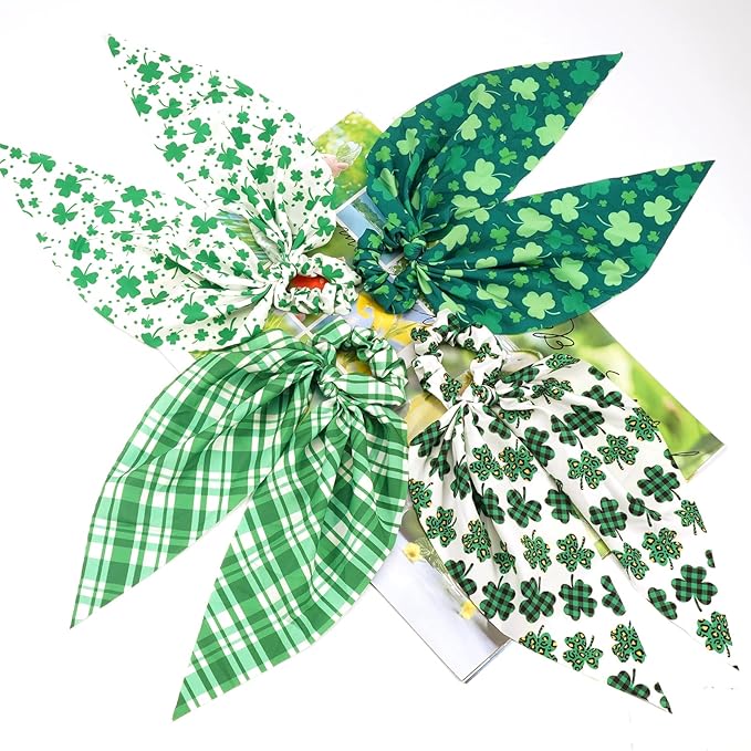 4pcs St.Patrick's Day Hair Ties for Woman Girls Green Plaid Shamrock Ribbon Hair Scrunchies Elastic Irish Lucky Leaf Hair Tie St.Patricks Party Supplies Hair Accessories