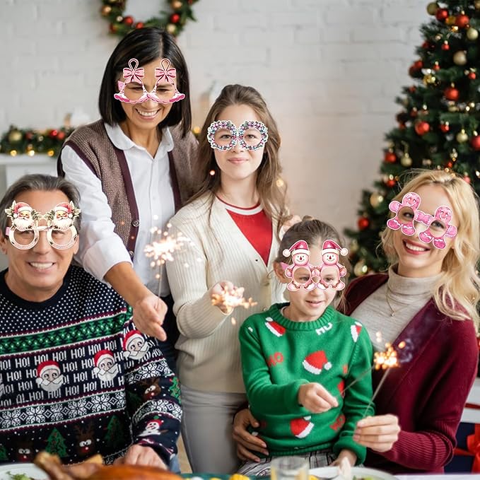 12PCS Christmas Glasses, Pink Christmas Party Paper Glasses Photo Booth Props Holiday Eyeglasses Frames for Xmas Party Supplies Decorations
